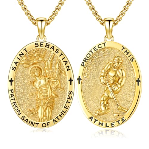 Silver/14K Gold Patron Saint Medal Amulet Necklace for Men Women - color: Gold, style: 22A-St Sebastian Hockey