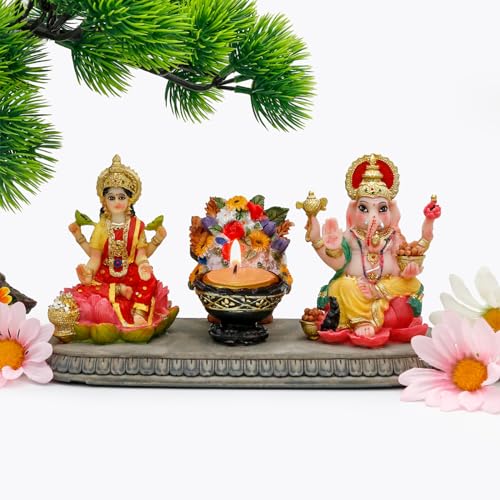 BangBangDa Lakshmi Ganesha Statue with Diya - 4.1" H Polystone Hindu Goddess Laxmi and Ganesa Idol for Diwali/New Year/Birthday/Wedding Gift for Indian Home Temple Mandir Altar Puja Murti Item