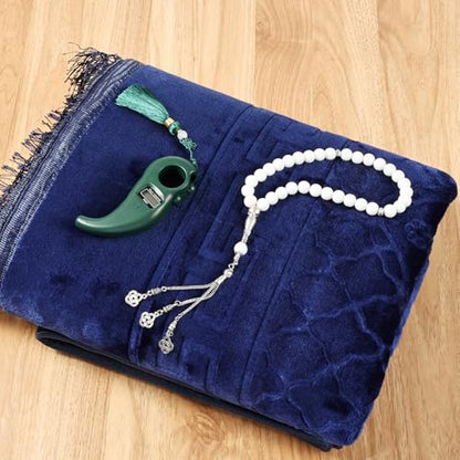 FUMMI Soft Padded Muslim Prayer Rug with Tasbih Beads, Thick Non-Slip Islamic Prayer Mat, Luxurious Janamaz for Men & Women (Blue) - color: Blue(with Counter)