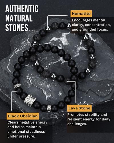 Mens Beaded Bracelets, Cross Bracelet for Men with Hematite Black Obsidian Lava Stone Triple Protection Bracelets for Men - size: Medium, style: Halo