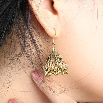 2 Pair Vintage Jhumkas Earrings 1.8'' for Women, Handmade Ethnic Antique Traditional Gold Plated Silver Earring - Small Indian Jhumki Jewelry Micro Earring Bell Tassel Drop Hanging Pendientes