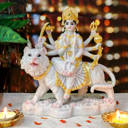alikiki Durga MATA Idol Statue– 8.5” Marble Color Hindu Goddess Durga on Tiger Sculpture India Diwali Gifts Home Office Temple Mandir Altar Pooja Murti Item Deepavali Gifts for Indian
