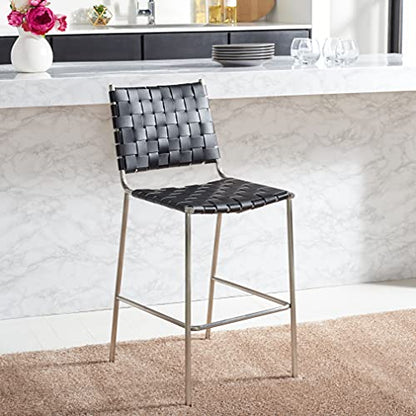 SAFAVIEH Home Collection Bahari Black Woven Leather/Silver 26-inch Kitchen Island Breakfast Nook Counter Stool (Fully Assembled) - color: Black/Silver