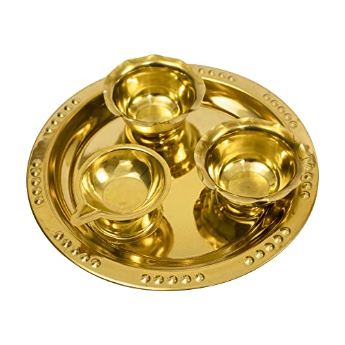 Spillbox Traditional Handcrafted Ganesha Brass Puja | Pooja Thali | Arati | Arathi | Arthi | Arti | Arathi | Bartan Thambulam Plate 2bowls 1 Diya (Small)