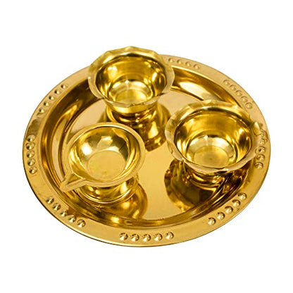 Spillbox Traditional Handcrafted Ganesha Brass Puja | Pooja Thali | Arati | Arathi | Arthi | Arti | Arathi | Bartan Thambulam Plate 2bowls 1 Diya (Small)