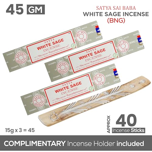 Satya Nagchampa White Sage Incense Sticks, Satya Bng (Bangalore) Insenses 15gmx3 Pack (45 GMS) with Raajsee Incense Holder Bundle, Satya Nagchampa Natural Incense - color: White Sage