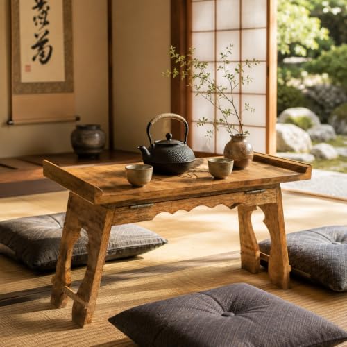 Tribe Azure Fair Trade Altar Table, Meditation Table, Puja, Meditation Wood Wiccan Altar Buddhist, Japanese, Small Low Side Chabudai Coffee Floor (Tea Table) - size: Small Tea Table