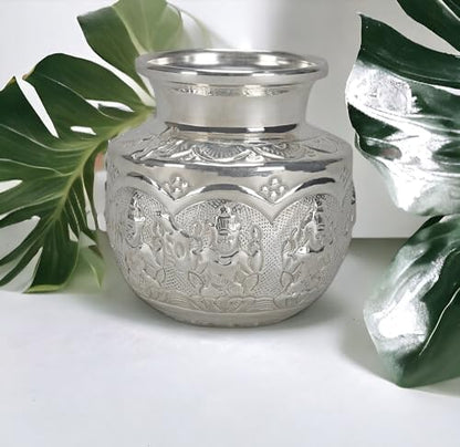 Traditional Indian Kalash (Chambu) – 5 Inch German Silver Ashtalakshmi Pooja Pot for Hindu Prayer, Home Temple & Festive Rituals K2559