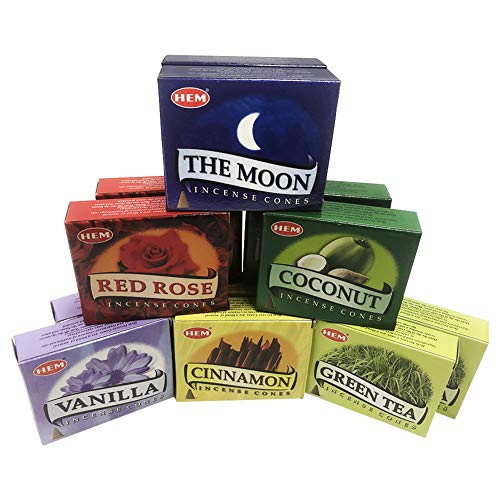 Hem Incense Cones Variety Pack #1 and Cone Incense Burner Bundle with 6 Unique Fragarances - color: Popular Cones