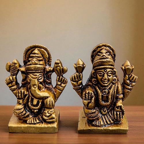 Brass Laxmi Ganesh Idol Pair 1.5 Inch Height, 120 Gram | Hindu Religious Figurine Murti Statue for Diwali, Home Temple, Office, Workplace & Festive Decor Showpiece