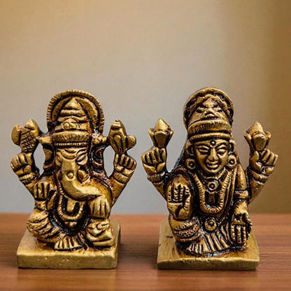 Brass Laxmi Ganesh Idol Pair 1.5 Inch Height, 120 Gram | Hindu Religious Figurine Murti Statue for Diwali, Home Temple, Office, Workplace & Festive Decor Showpiece