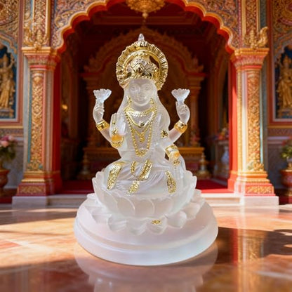 Lakshmi Statue, 4.3 Inch White and Gold Resin Laxmi Idol on Lotus