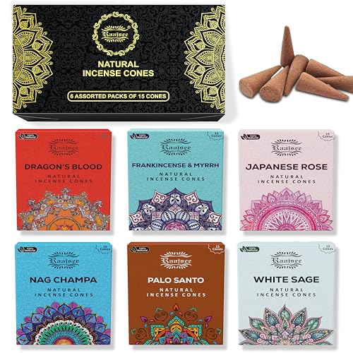 Raajsee Natural Incense Cones,6 Pack Mixed Scents Gift Pack 15 pc Each (90 Total), Insense Cones Variety Pack, 100% Organic Non Toxic Natural - Hand Rolled Free from Chemicals (Pack 2) - color: Pack 2