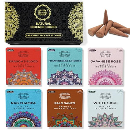 Raajsee Natural Incense Cones,6 Pack Mixed Scents Gift Pack 15 pc Each (90 Total), Insense Cones Variety Pack, 100% Organic Non Toxic Natural - Hand Rolled Free from Chemicals (Pack 2) - color: Pack 2