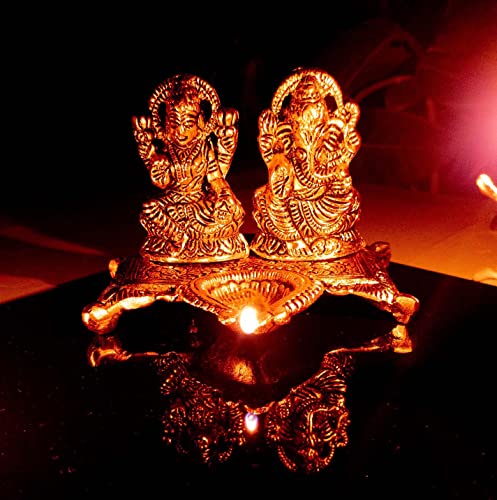 Wonder Care Ganesha Lakshmi Statue Sculpted in Great Detail in Ivory Antique Finish Metal Diya for Diwali Pooja Oil Lamp- Ganesh Idol for Car | Home Decor | Mandir | Gift | Hindu God Idol