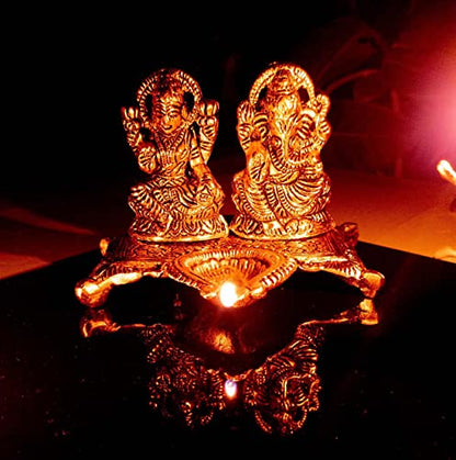 Wonder Care Ganesha Lakshmi Statue Sculpted in Great Detail in Ivory Antique Finish Metal Diya for Diwali Pooja Oil Lamp- Ganesh Idol for Car | Home Decor | Mandir | Gift | Hindu God Idol