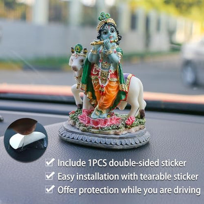 alikiki Hindu Idol Lord Krishna Statue- 3.7”H Handmade Standing Krishna Murti Playing Flute with Cow for Home Office Mandir Temple Altar Shrine Pooja Item Diwali Puja Gifts