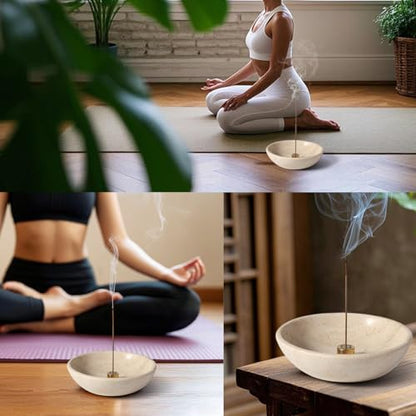 Koville Natural Travertine Incense Holder, Incense Holder for Sticks with 9 Holes, Handmade Incense Burner Ash Catcher for Meditation Yoga SPA, Balsam Fir/Palo Santo/Sage/Cone Incense Holder(Beige) - color: D=150-travertine