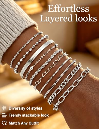 10 Pcs 14K Gold Plated Bracelet for Women, Dainty Stackable Chain Set - color: Silver
