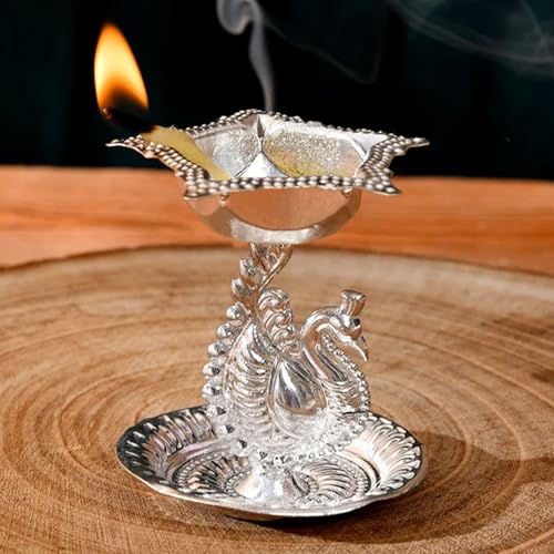 LoveNspire Silver Plated Peacock Diya - Oil Lamp for Home Pooja Mandir, Traditional Indian Decor for Diwali, Return Gift Pack of 1 - size: Pack of 1