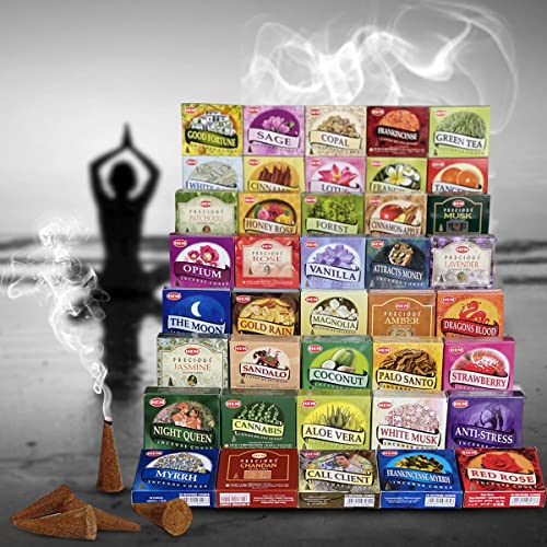Hem Incense Cones Variety Pack of 12 Randomly Selected Fragrances and Incense Cone Holder Bundle Total 120 Cones - color: Random 12