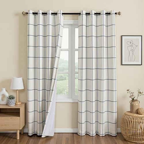 MYSKY HOME 100% Blackout Plaid Farmhouse Linen Curtains 90 Inch Long 2 Panels Set Double Layer Windowpane Drapes Thermal Insulated Privacy Protection Grommet Window Treatment, 52" W, Navy Blue - color: Navy Blue, size: 52"W x 90"L (Pack of 2)