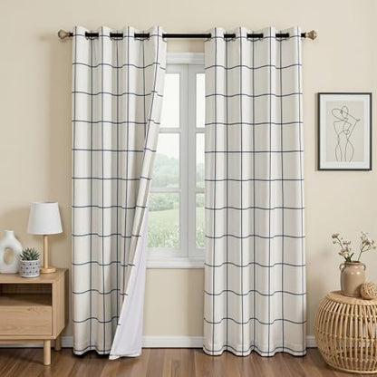 MYSKY HOME 100% Blackout Plaid Farmhouse Linen Curtains 90 Inch Long 2 Panels Set Double Layer Windowpane Drapes Thermal Insulated Privacy Protection Grommet Window Treatment, 52" W, Navy Blue - color: Navy Blue, size: 52"W x 90"L (Pack of 2)