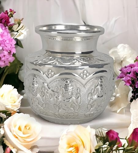 Traditional Indian Kalash (Chambu) – 5 Inch German Silver Ashtalakshmi Pooja Pot for Hindu Prayer, Home Temple & Festive Rituals K2559