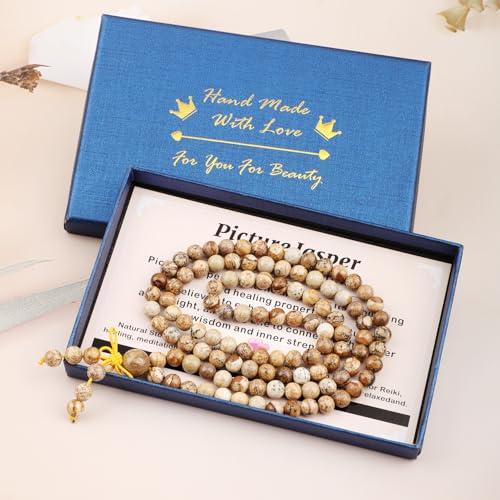 AD Beads 6mm 8mm 108 Prayer Mala Jasper Elastic Bracelet - Handmade Yoga Meditation Healing Power Energy Gifts for Unisex Adult. - color: Picture Jasper(Spiritual)