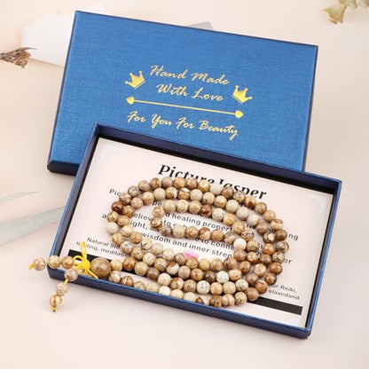 AD Beads 6mm 8mm 108 Prayer Mala Jasper Elastic Bracelet - Handmade Yoga Meditation Healing Power Energy Gifts for Unisex Adult. - color: Picture Jasper(Spiritual)