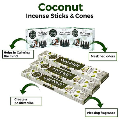 Coconut Incense Sticks & Incense Cones Combo Pack - 60 Insence-Sticks + 30 Insence Cones - Inscense - Incense Cones Scented - Insents - color: Coconut