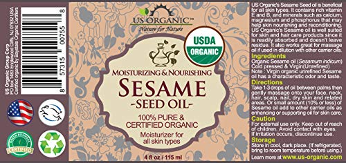 US Organic Sesame Seed Oil, USDA Certified Organic, Untoasted, Unrefined Virgin, 100% Pure & Natural, Cold Pressed, in Amber Glass Bottle w/Glass Eye dropper, Sourced from Mexico (4 oz (Large)) - size: 4 Fl Oz (Pack of 1)