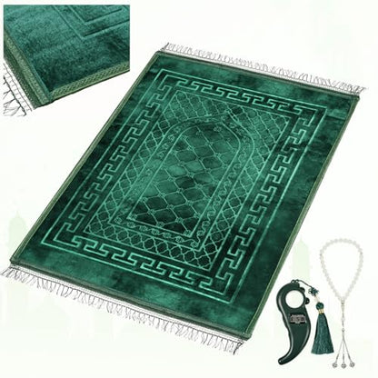 FUMMI Soft Padded Muslim Prayer Rug with Tasbih Beads, Thick Non-Slip Islamic Prayer Mat, Luxurious Janamaz for Men & Women (Green) - color: Green(with Counter)