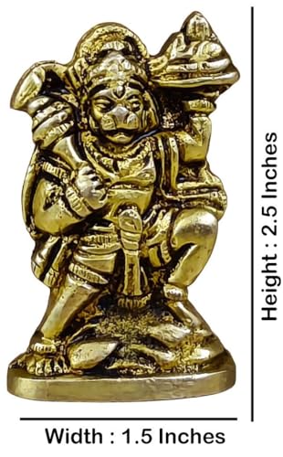 Brass Hanuman Ji Idol 2.5 Inches - Lord Bajrangbali Carrying Sanjivani Mountain, Miniature Solid Brass Statue for Home Puja, Office Desk & Auspicious Gifting - size: Flying Hanuman