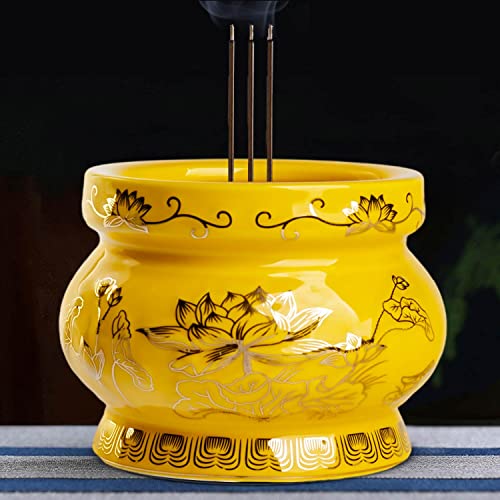Houlu Small Yellow Ceramic Incense Burner Pot for Praying Buddha, Tibetan Buddhist Altar Worship Incense Censer - 4 Inches - color: Yellow