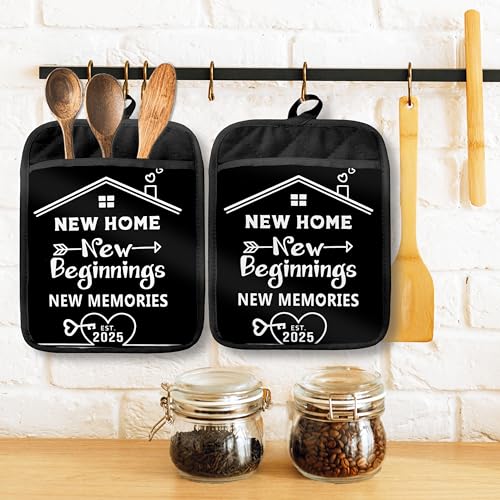 Housewarming Gifts Pot Holders with Pockets, New Home New Beginnings Memories Oven Pot Holders Heat Resistant Oven Mitts Hot Pads for Kitchen Baking Cooking - color: Black New Home