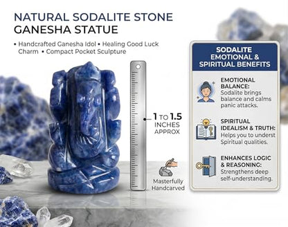 Natural Sodalite Stone Healing Good Luck Ganesha Statue Tiny Ganesh Statue Ganesha Statue for Gift Beautiful Handcrafted Ganesha Idol Pocket Ganesh Statue Sculpture - color: Sodalite Ganesh