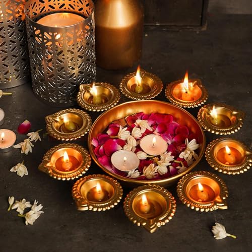 Urli Bowl 14 Inch 12 Diya Holder Indian Diwali Decorations Floating Flowers and Tea Light Candle Holder Pooja Navratri (Gold)