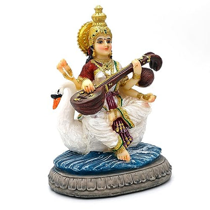 alikiki Indian Gifts Item Saraswati Statue - 5.5”H Saraswati Puja Diwali Gifts Pooja Vasant Panchami Home Office Temple Mandir Altar Yoga Studio Meditation Room Decor India Wedding Housewarming Gifts