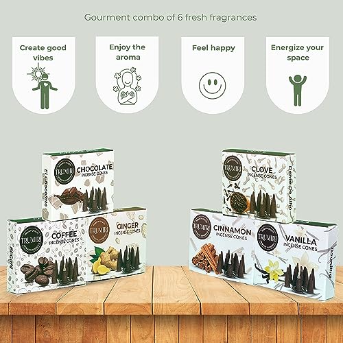 TRUMIRI Gourmet Incense Cones - Variety Pack - Total 60 Cone Incense (6 Scents x 10 Conos) - Vanilla, Cinnamon, Coffee, Chocolate, Clove, Ginger - Cone Incense Scents - Insense Cones - Incent Cone - color: Gourmet