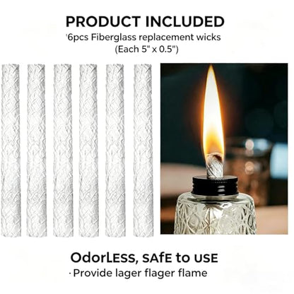 6 Pack Oil Lamp Torch Fiberglass Wicks 5.1” Long-Lasting Citronella Wicks for Tiki Torch, Metal & Glass Lamps