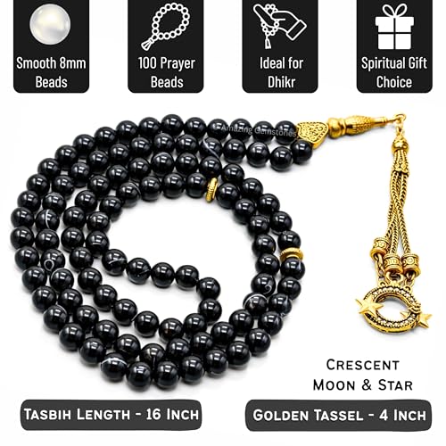 Amazing Gemstone Crystal Tasbeeh with Moon and Star Charm - Certified Crystal Muslim Prayer Beads Natural Gemstone Tasbih Gift for Ramadan Dhikr and Daily Namaz (G) - color: Black Banded Agate