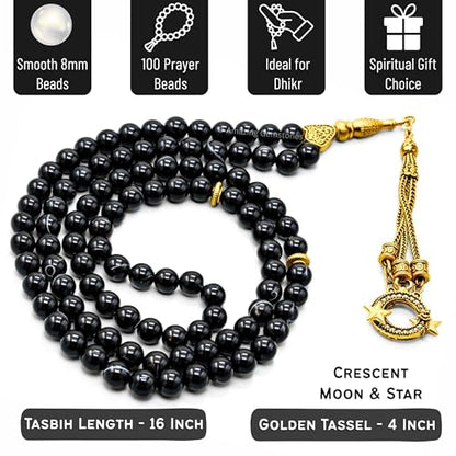 Amazing Gemstone Crystal Tasbeeh with Moon and Star Charm - Certified Crystal Muslim Prayer Beads Natural Gemstone Tasbih Gift for Ramadan Dhikr and Daily Namaz (G) - color: Black Banded Agate