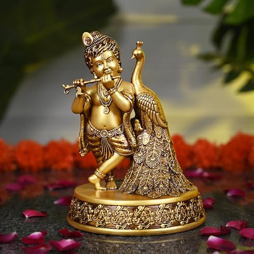 Artarium Baby Krishna Idol 7.8 Inch, Handmade Bal Laddoo Gopal Krishna Statue with Flute & Peacock, Lord Krishna Murti for Home Temple, Mandir Pooja Room, Meditation Altar, Spiritual Gift for Indian - color: #1 Bal Krishna Idol