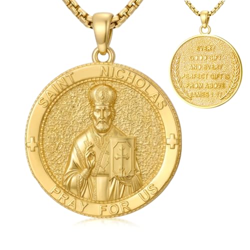 Patron Saint Necklace 14K Gold Medal Catholic Pendant Christian Religious Amulet Jewelry Gift for Men Women