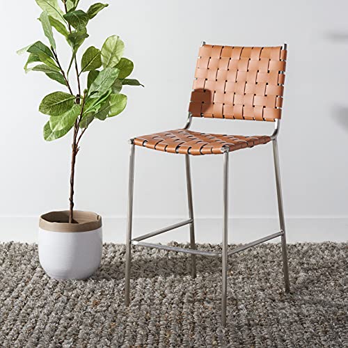 SAFAVIEH Home Collection Bahari Cognac Woven Leather/Silver 26-inch Kitchen Island Breakfast Nook Counter Stool (Fully Assembled) - color: Cognac/Silver