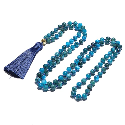 108 Mala Prayer Beads Necklace Natural Stones Meditation Yoga Jewery 108 Hand Knotted Japa Mala Beaded Long Tassel Necklace with Tree of Life Pendant for Men and Women - color: 8mm apatite