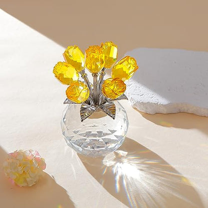 Movdyka Yellow Crystal Rose Glass Flowers with Vase Figurine Home Decor - color: Yellow-crystal Rose
