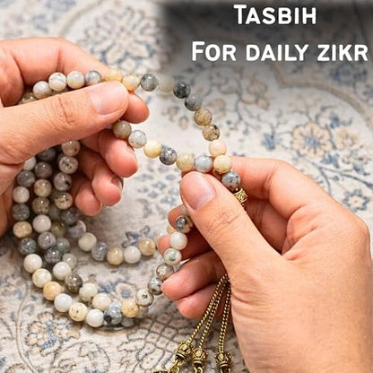 Amazing Gemstone Crystal Tasbeeh with Moon and Star Charm - Certified Crystal Muslim Prayer Beads Natural Gemstone Tasbih Gift for Ramadan Dhikr and Daily Namaz (G) - color: Dendrite Opal