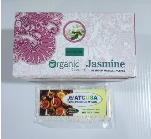 100 ATCUSA Pure Cotton Diya Wicks with Combo of Nandita Organic Garden Jasmine Premium Indian Masala Incense Sticks 15gm x 12 Pack for Prayer Temple Church Christmas